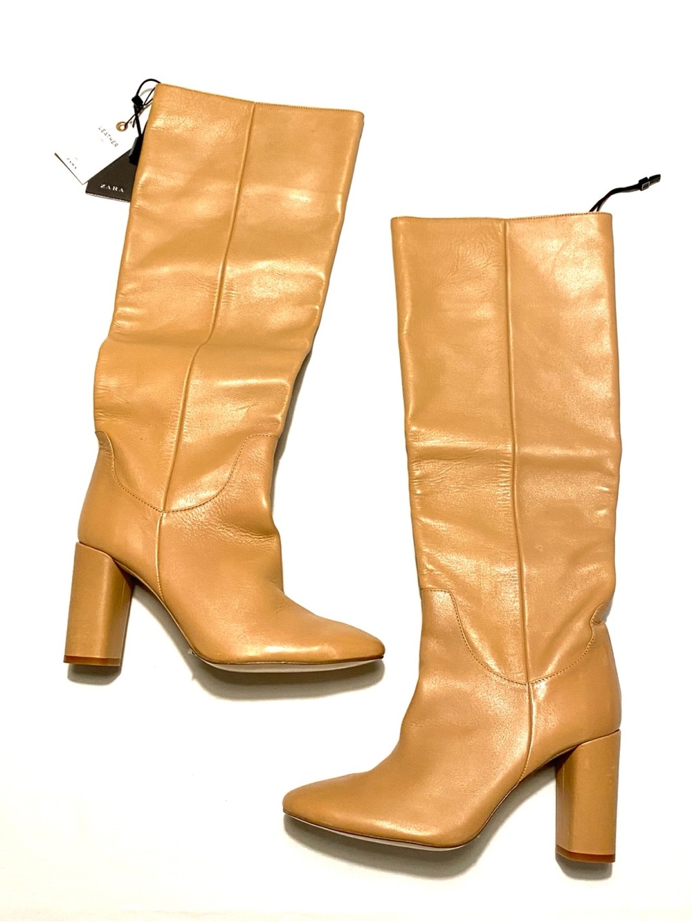 Zara Basic Genuine Leather Knee High Boots Tan Block Heel EU 38 US 7.5 NWT - Picture 4 of 16